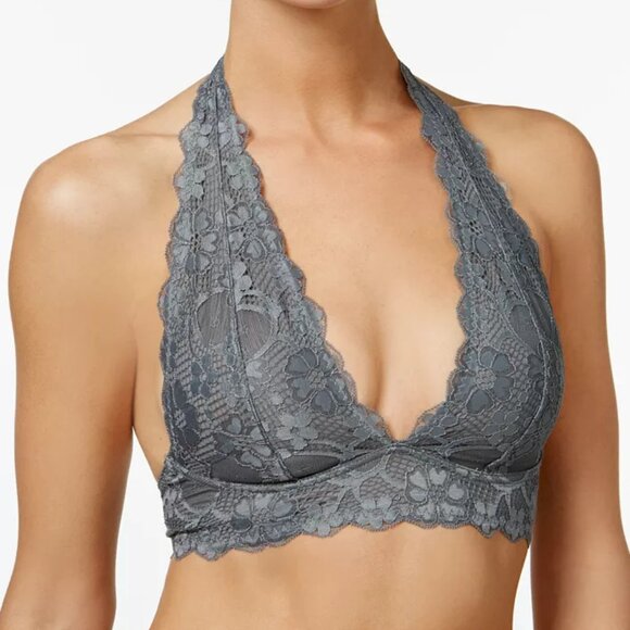 Free People Galloon Lace Halter Bralette Gray Plunge Stretchy Soft Wireless - Picture 1 of 9